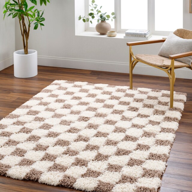 LIVABLISS Urban Shaggy-Modern Checkered Soft Plush Pile Rug 130 x 170 cm Cream Brown