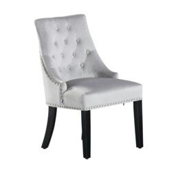 Single Velvet Dining Chair Ergonomic Scoop Knockerback & Button Tufted Wood Legs Grey Light Grey