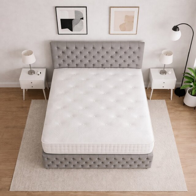Small Single Chesterfield Silver Plush divan bed with footboard and headboard storage 2 Drawers Left Side Laying in Bed