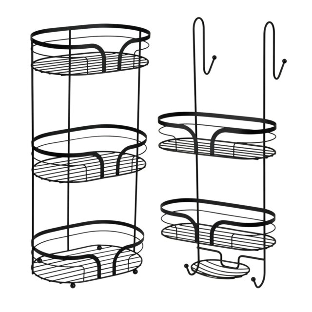 Showerdrape Dante Black Freestanding Floor Caddy and 2 Tier Over Door Hook Shower Caddy Black Black 1
