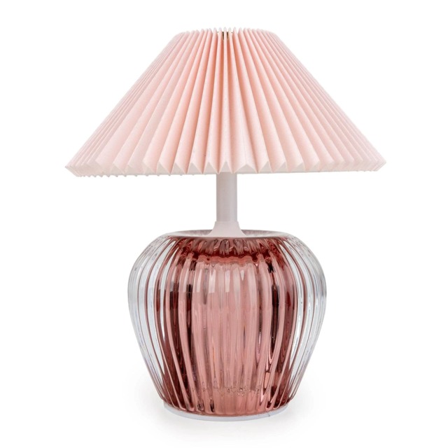 Ridged Glass LED Table Lamp with Pleated Shade - Pink Pink One Size 1