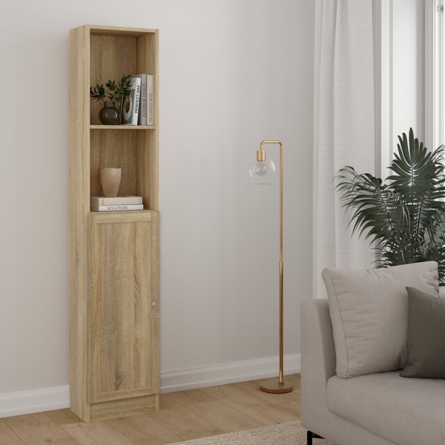 Basic Tall Narrow Combination Storage Bookcase in Oak (4 Shelves) with Oak Door