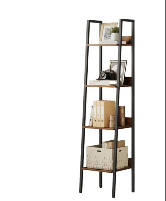 Industrial 4-Tier Ladder Shelf, Rustic Brown & Black Bookcase for Living Room or Office