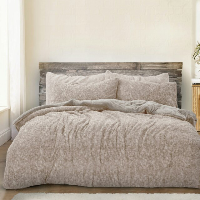 Velosso Teddy Marl Fluffy and Warm Fleece Duvet Cover Set Cream Natural Double