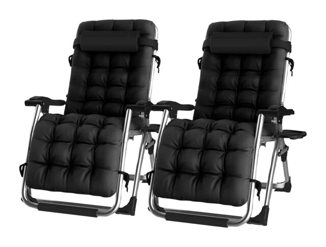 Groundlevel Pair of Luxury Gravity Garden Adjustable Sun Lounger Relaxer Chair with Cushion Black Black