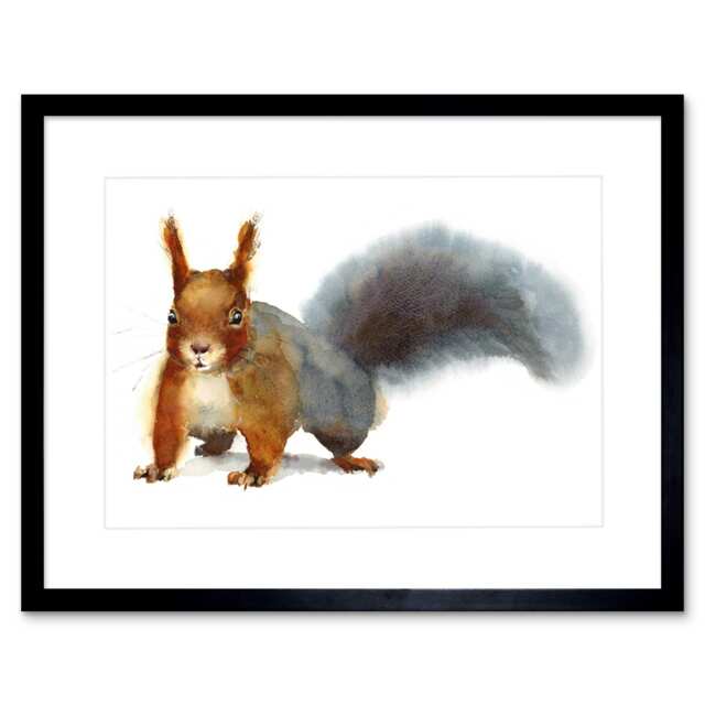 "Red Squirrel Woodland Creature Animal Watercolour 9x7"" Black Framed Wall Art Print"