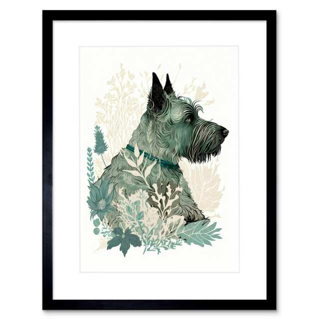 "Scottish Terrier Dog Lover Flower Field Modern Teal Tan 9x7"" Black Framed Wall Art Print"