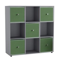 9 Cube Wooden Bookcase Shelving Unit with 5 Collapsible Fabric Drawers Multi Grey & Pastel Green 1