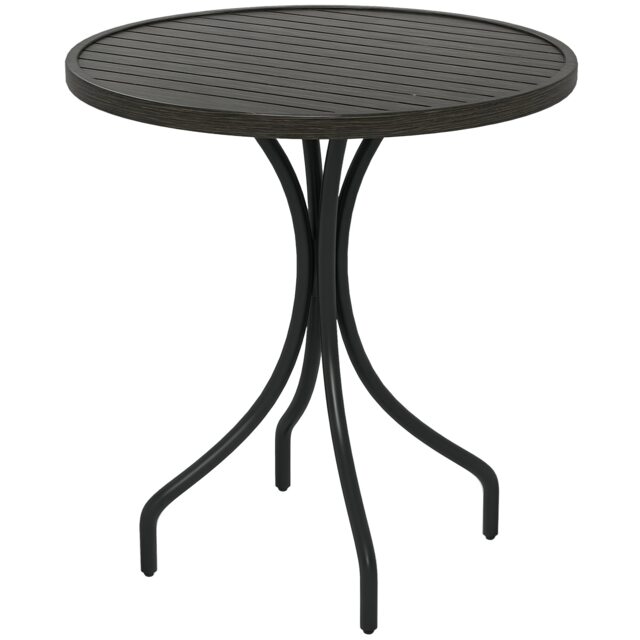 Outsunny 66cm Diameter Garden Side Table, Round Bistro Coffee Table, Outdoor Patio Table with Steel Frame and Slat Tabletop for Balcony and Porch, Grey Wood Grain Grey Grey Wood Grain
