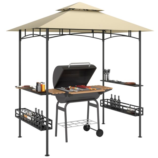 Outsunny 8 x 5 Grill Gazebo Canopy, Double Tiered Outdoor BBQ Gazebo Shelter with 2 Side Shelves, Storage Baskets, Hook for Garden, Patio, Barbecue, Picnic, Beige
