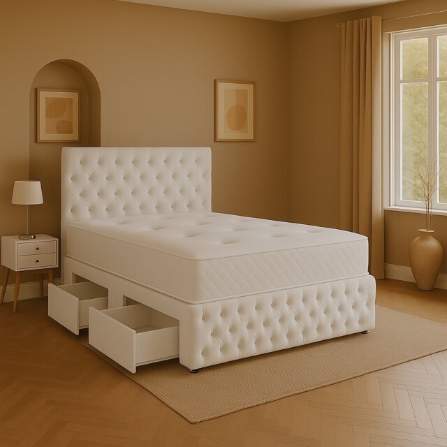 White Chestefield Crystal Plush 4ft Small Double Divan Bed Set Headboard & Footboard - 2 Drawers Right Side Laying in Bed