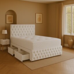 White Chestefield Crystal Plush 4ft Small Double Divan Bed Set Headboard & Footboard - 2 Drawers Right Side Laying in Bed