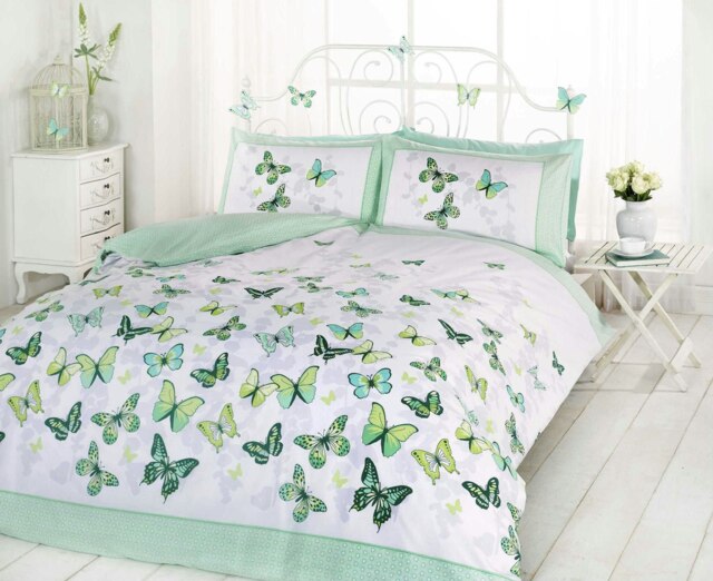 Flutter Butterfly Polycotton Reversible Duvet Cover Set with Pillowcase Green King 1