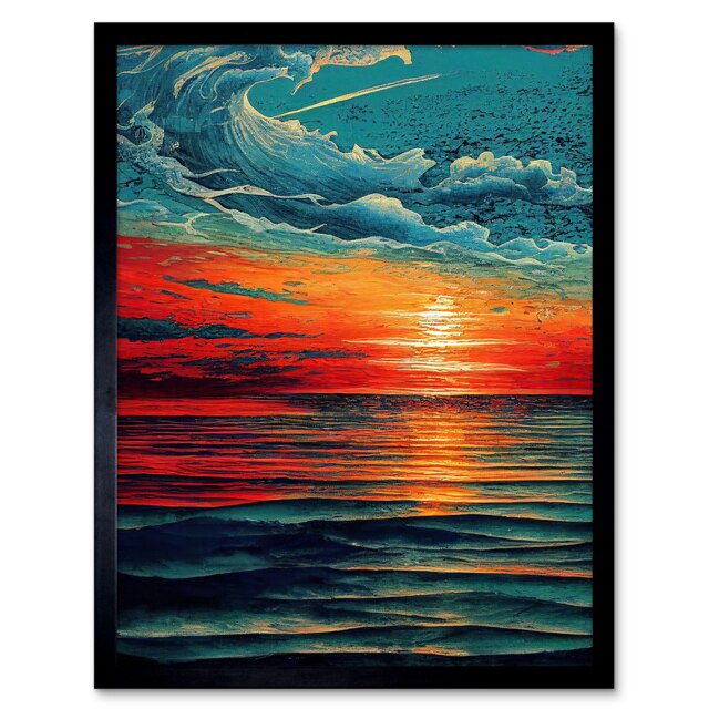 "Seascape Scarlet Sunrise Fiery Horizon Clouds 12x16"" Framed Wall Art Print"