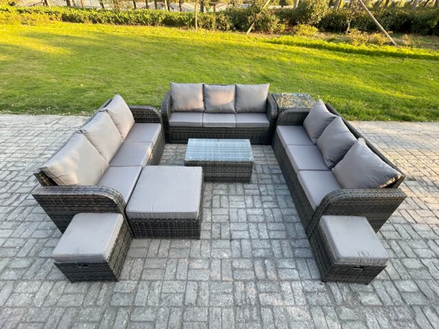 Fimous Rattan Lounge Sofa Set 12 Seater Outdoor Garden Furniture Set with Rectangular Coffee Table 3 Seater Sofa Side Table 3 Footstools Dark Grey Mixed