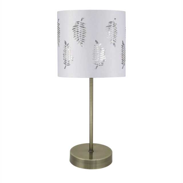 Antique Brass Stick Table Lamp with White Fern Shade