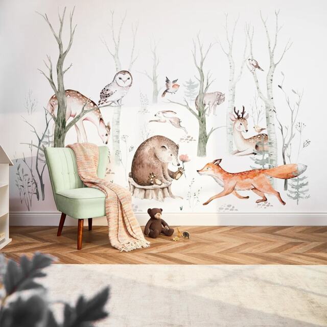 Forest Friends Full Wall Mural in Earthy Tones Brown Earthy Tones Large (300cm x 240cm)