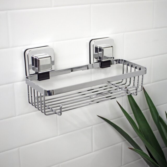 Showerdrape Pushloc Chrome Steel Suction Wall Mounted Rectangular Basket with Mounting Squares Chrome Chrome 1