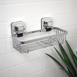 Showerdrape Pushloc Chrome Steel Suction Wall Mounted Rectangular Basket with Mounting Squares Chrome Chrome 1