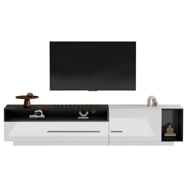VILUXE 170cm High-Gloss TV Stand for TVs up to 70 Inches with Drawer, Door and 3 Open Shelves, White and Black