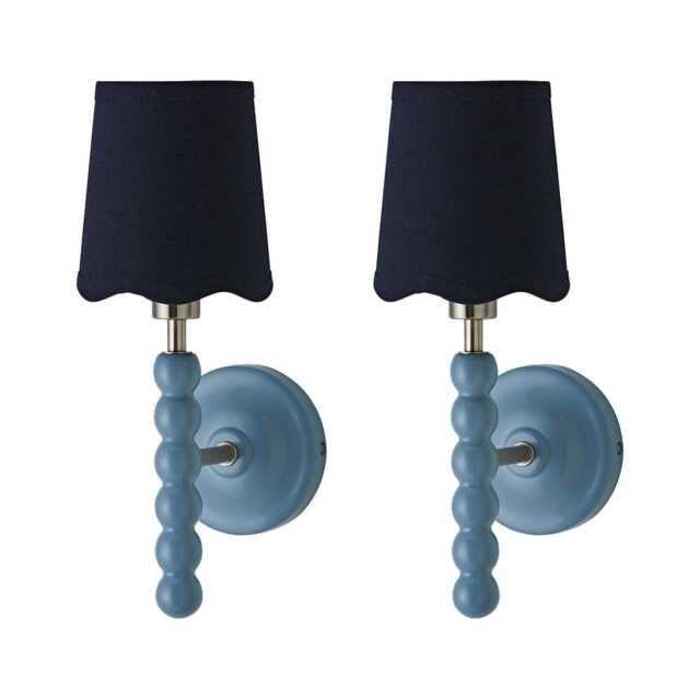 ValueLights Bobbin Pair of Blue Wall Lights and Navy Linen Shade Blue