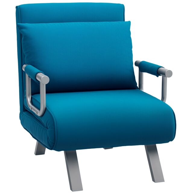 HOMCOM Single Chair Bed, Click Clack Convertible Bed Settee, Modern Faux Suede Upholstered Lounge Couch with Pillow for Living Room, Guest Room, Blue Blue One Size
