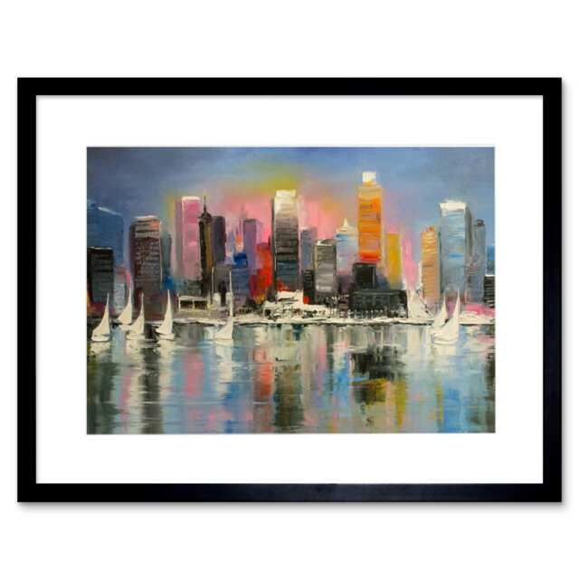 "New York City Harbour at Dusk Painting 9x7"" Black Framed Wall Art Print"