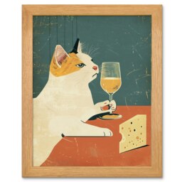 Cat Drinking Glass of Wine Cheese Kitchen Wood Framed Wall Art Print