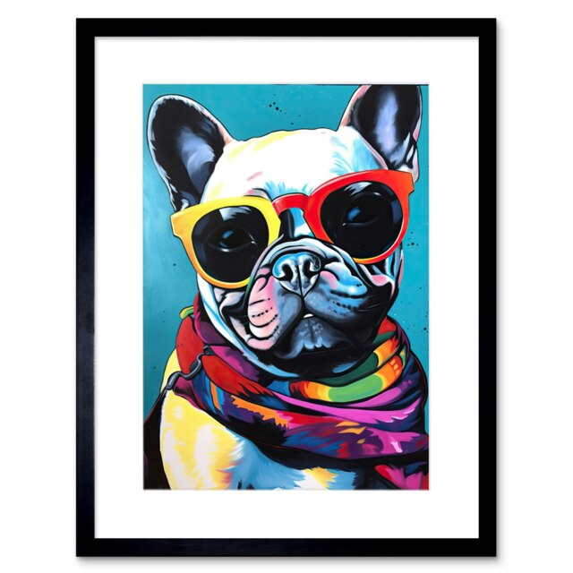 "French Bulldog Sunglasses Bandana Folk Art 9x7"" Black Framed Wall Art Print"