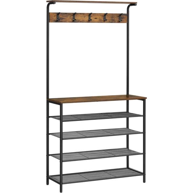 Coat Rack, Hall Tree Shoe Rack, Entryway Organizer, Multi Tier Storage, Coat Hooks, Rustic Brown and Black