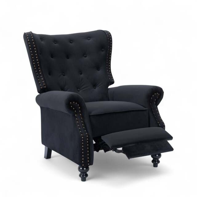 Velvet Black Buttoned Carmona Wingback Recliner Chair