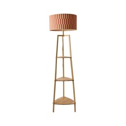 ValueLights Hiru Orange Check Bamboo Shade Wood Tripod Floor Lamp Brown