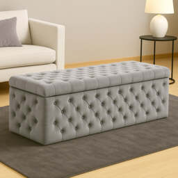 120cm Wide Lux Ottoman Storage Box, Silver Velvet Upholstered Chesterfield Storage Ottoman Box