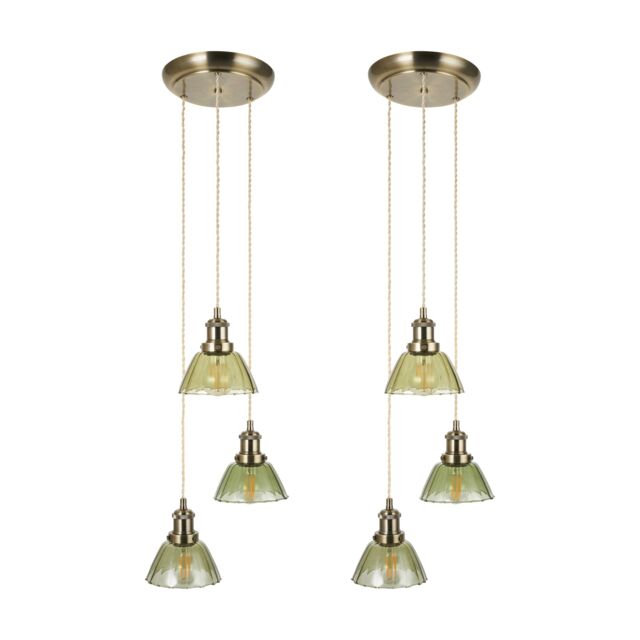 Set of 2 Vintage - Green Glass with Brass 3 Light Cluster Pendants