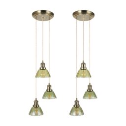 Set of 2 Vintage - Green Glass with Brass 3 Light Cluster Pendants