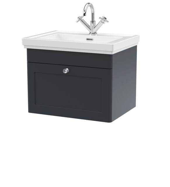 Balterley Classic Traditional Bathroom Wall Hung 1-Drawer Vanity Unit & Fireclay Basin Grey Dark Grey