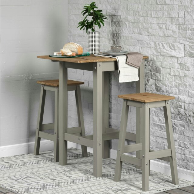 Premium Corona Linea Drop Leaf Breakfast Dining Set with Table and 2 High Stools - Antique Waxed Pine Grey Grey One Size 1