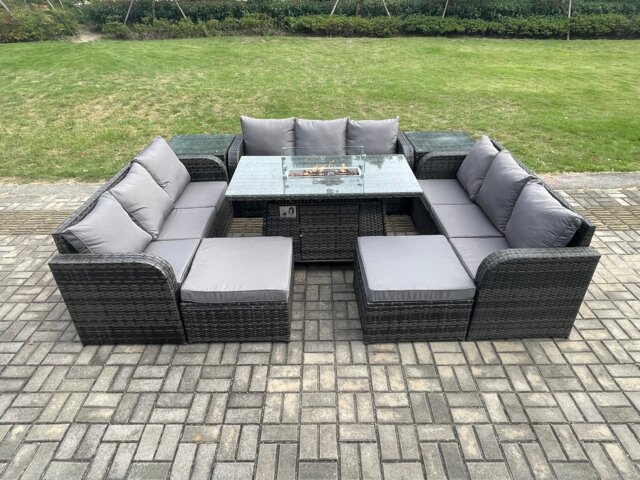 Fimous Outdoor Rattan Furniture Garden Dining Set Gas Fire Pit Table With 2 Side Tables Lounge Sofa 2 Big Footstool