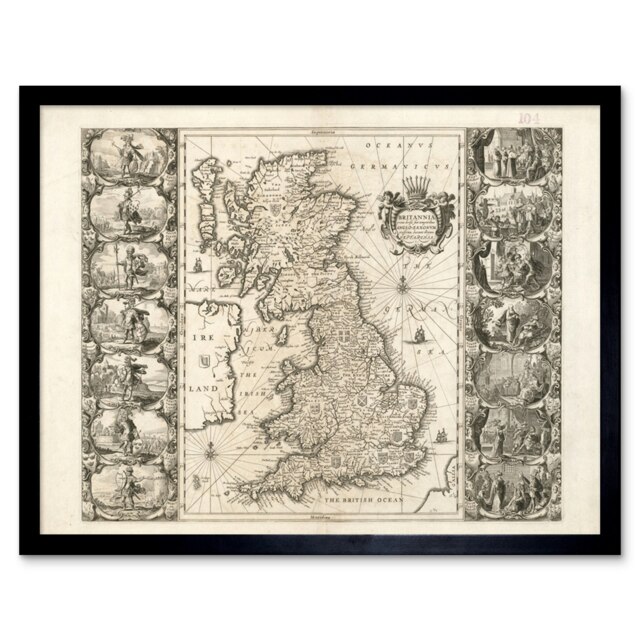 "Jansson 17th Century Anglo Saxon Map Britain 12x16"" Framed Wall Art Print"