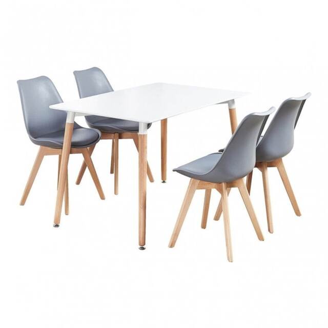 5PCs Dining Set - a White Halo Dining Table & Set of 4 Lorenzo Tulip Chairs with Padded Seat Grey