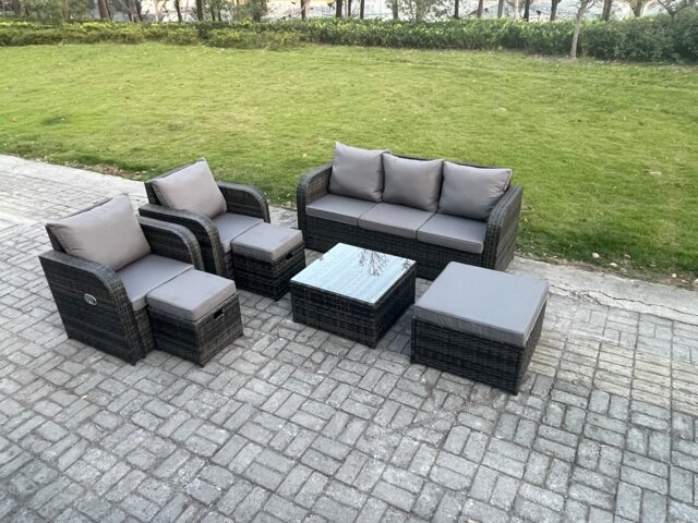 Fimous Garden Furniture Sets Wicker Rattan Furniture Patio Sofa Sets with Reclining Chair 3 Seater Sofa 3 Footstools Dark Grey Mixed