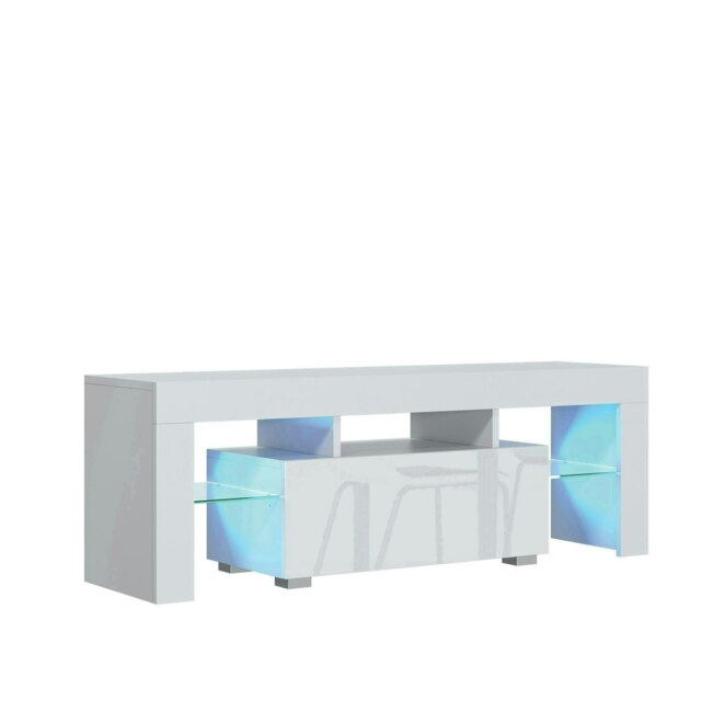 TV Unit 130cm White Gloss Door White Matt Body with Glass Shelves Free LED White One Size 1