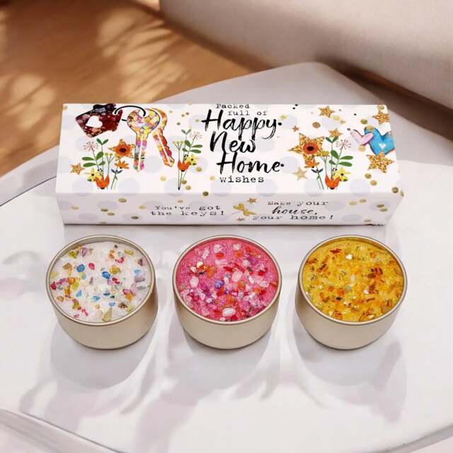 Happy New Home Scented Candle Trio Luxury Housewarming Gift Set Including Classic Cotton Whispering Bamboo and Gold Dust 3 Pack