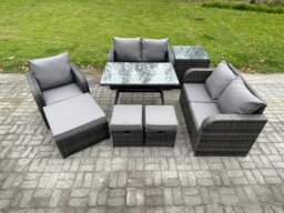 Fimous 8 Seater Outdoor Garden Dining Sets Rattan Furniture With Dining Table Armchairs Love Sofa 3 Footstools Side Table Dark Grey Mixed