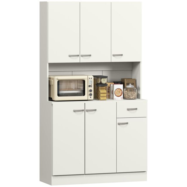 HOMCOM 180cm Tall Kitchen Cupboard, Freestanding Kitchen Storage Cabinet with 6 Doors, Drawer, Adjustable Shelves and Open Countertop for Dining Room, Cream White Cream Cream