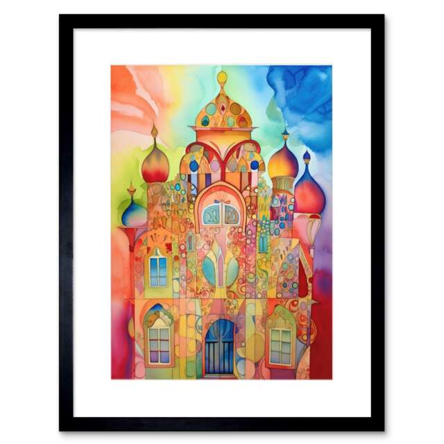 "Arabesque Building Vibrant Folk Art 9x7"" Black Framed Wall Art Print"
