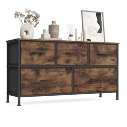 5-Drawer Fabric Dresser, Freestanding Storage Chest for Bedroom, Closet, Hallway and Living Room, Rustic Brown and Ink Black