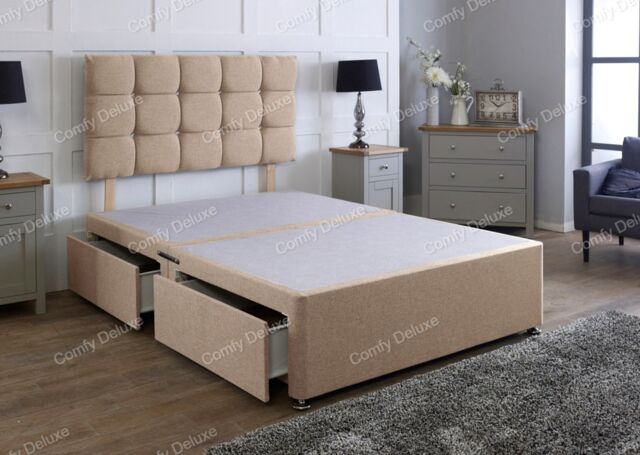 Base Only 4ft6 Double Beige Linen Divan Bed With Headboard Storage 2 Drawers Same Side