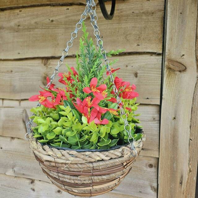 Best Artificial Red Mini Daffodil Display in 10 inch Woven Decorative Hanging Basket