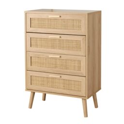 Chest 4 Drawers with Rattan Fronts Solid Wooden Legs Brown